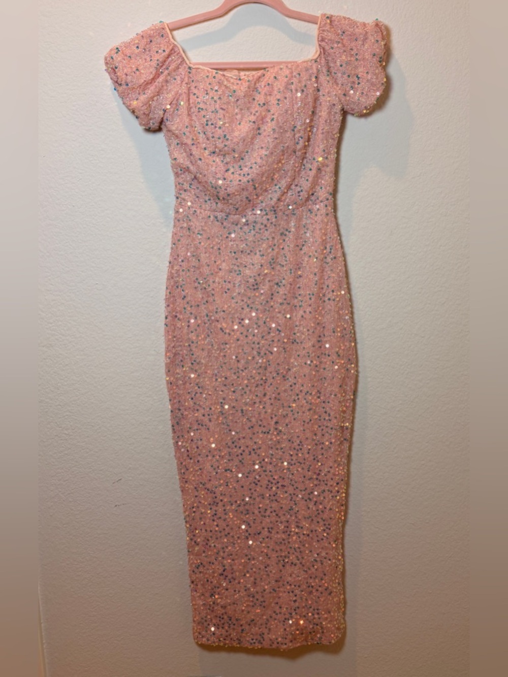 Pink Sequin Midi Dress Puff Sleeve Bodycon‎ Barbiecore Party Birthday Dress S